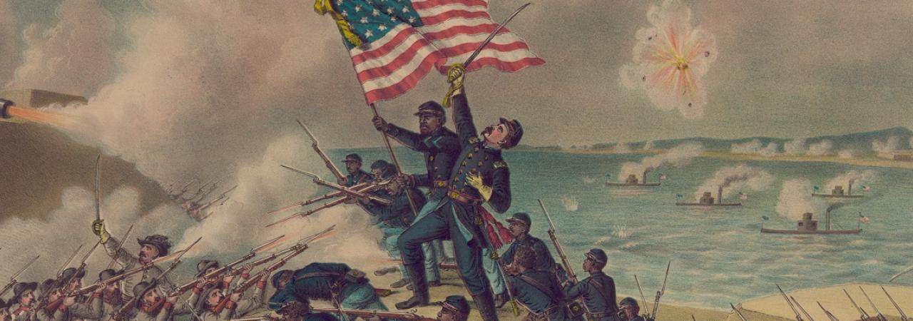 This painting portrays Union soldiers waving the American flag, high above the violent battle going on beneath.