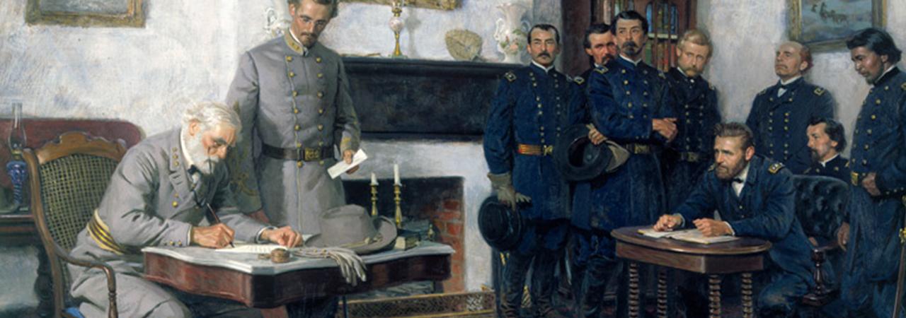 This painting portrays Lee's surrender at Appomattox Court House.