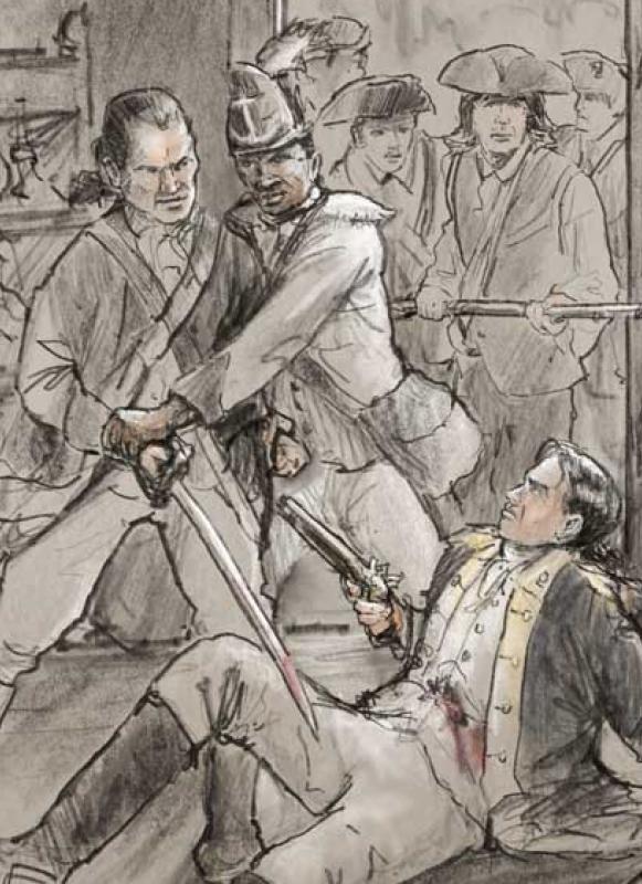 An illustration of Colonel Christopher Greene at the Battle of Pines Bridge