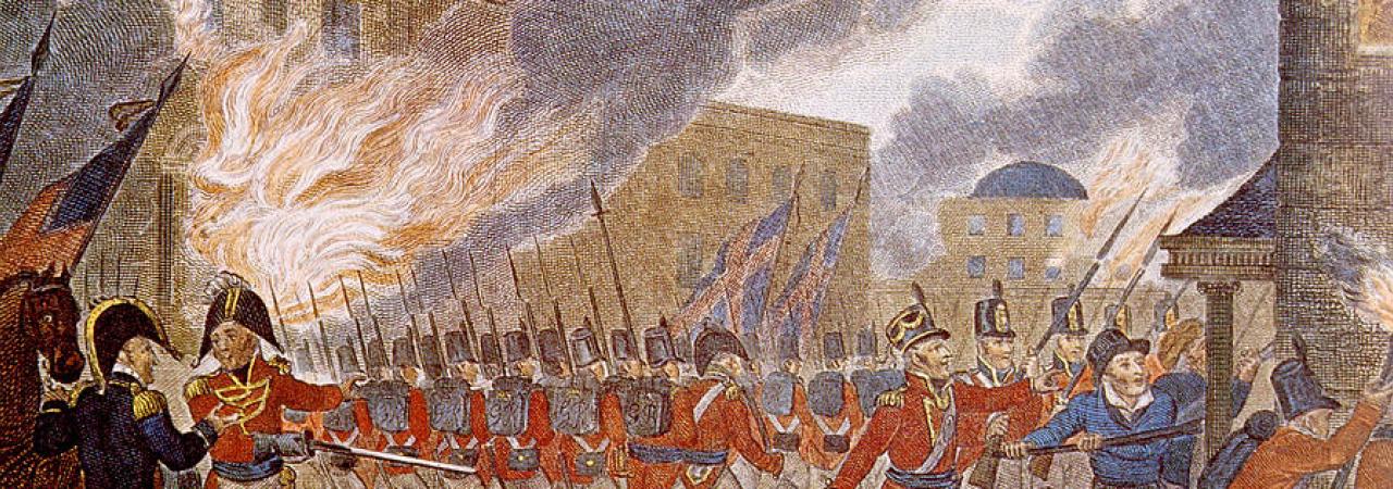 This artwork portrays the British burning the White House.