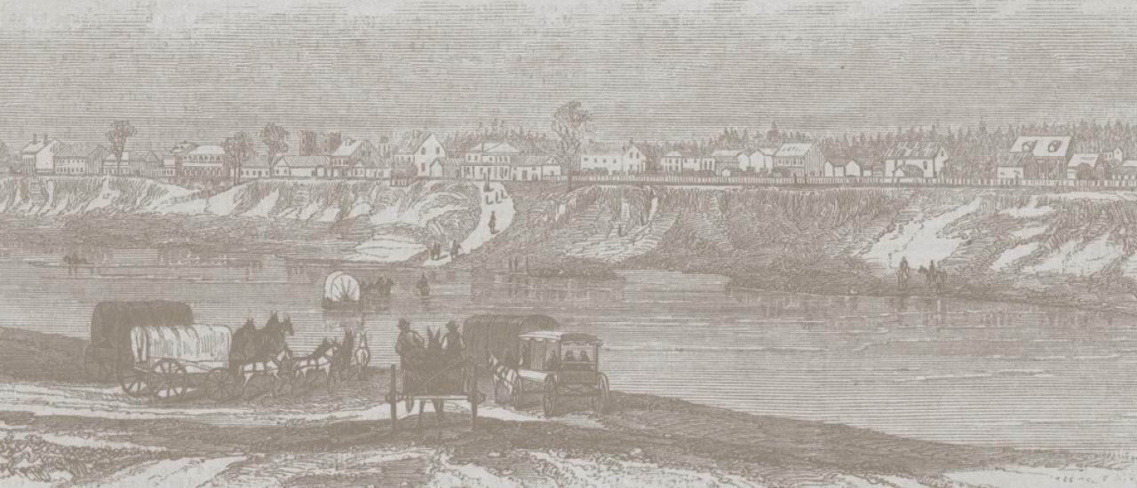 An illustration of a band of horseback travellers journeying through the mountains
