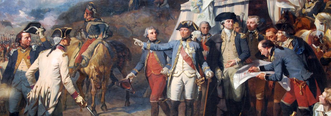 This painting depicts a commander leading his troops at Yorktown.
