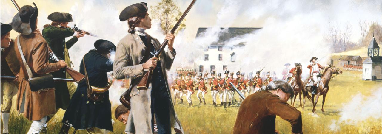 Young colonial militiamen exchange fire against British redcoats at sunrise in this painting.