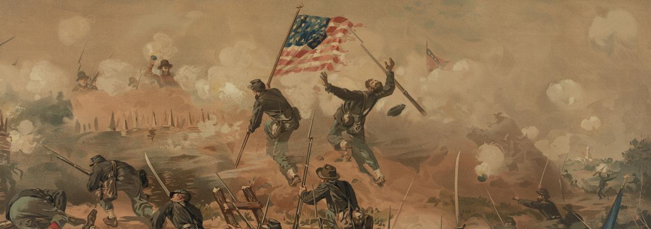 This is an illustration of a lone soldier waving the American flag amidst the smoke and dust on the battlefield.